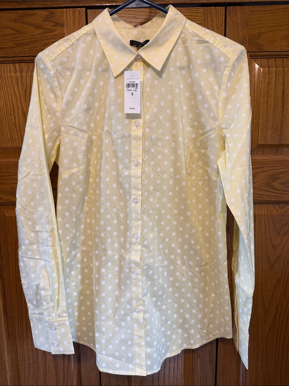 Anne Klein Yellow White Polka Dot Button-Down Shirt-Size 8. NWT